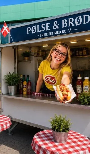 Pølsevognen med skiltet »Pølse & Brød — en ristet med ro på«